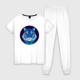 Женская пижама хлопок с принтом Голубой водяной тигр символ 2022 года в Тюмени, 100% хлопок | брюки и футболка прямого кроя, без карманов, на брюках мягкая резинка на поясе и по низу штанин | Тематика изображения на принте: 2022 | водяной | год | гороскоп | китайский | символ | талисман | тигр