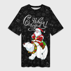 Платье-футболка 3D с принтом Санта Клаус на белом медведе в Тюмени,  |  | bells | christmas | gifts | jingle bells | new year | polar bear | riding | santa claus | snowflakes | белый медведь | бубенцы | верхом | дед мороз | колокольчики | новый год | подарки | рождество | санта клаус | снежинки
