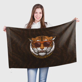 Флаг 3D с принтом Крутой тигр в очках с цепью в Тюмени, 100% полиэстер | плотность ткани — 95 г/м2, размер — 67 х 109 см. Принт наносится с одной стороны | furry | tiger | восточный тигр | год тигра | голова | кошка | тигр | тигренок | фурри | хищник