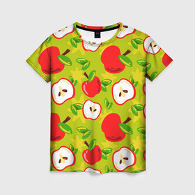 Женская футболка 3D с принтом Яблочки паттерн в Тюмени, 100% полиэфир ( синтетическое хлопкоподобное полотно) | прямой крой, круглый вырез горловины, длина до линии бедер | apple | яблоки | яблоко | яблоня | яблочки