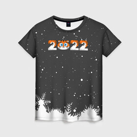 Женская футболка 3D с принтом Новый год 2022 - надпись 2022 в Тюмени, 100% полиэфир ( синтетическое хлопкоподобное полотно) | прямой крой, круглый вырез горловины, длина до линии бедер | 2022 | год тигра | новый год | новый год 2022 | символ года | тигр | тигренок | тигрица | тигры