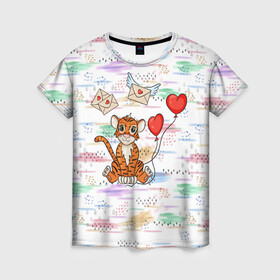 Женская футболка 3D с принтом Милый влюбленный тигренок 2022 в Тюмени, 100% полиэфир ( синтетическое хлопкоподобное полотно) | прямой крой, круглый вырез горловины, длина до линии бедер | 2022 | год тигра | новый год | новый год 2022 | символ года | тигр | тигренок | тигрица | тигры