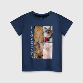Детская футболка хлопок с принтом I LOVE CATS Я ЛЮБЛЮ КОШЕК в Тюмени, 100% хлопок | круглый вырез горловины, полуприлегающий силуэт, длина до линии бедер | Тематика изображения на принте: animal | cat | love | meow | домашние | животные | звери | киса | коты | котэ | кошки | любовь | мяу | пушистый