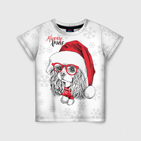 Детская футболка 3D с принтом Happy Christmas кокер спаниель в Тюмени, 100% гипоаллергенный полиэфир | прямой крой, круглый вырез горловины, длина до линии бедер, чуть спущенное плечо, ткань немного тянется | Тематика изображения на принте: american | cap | christmas | cocker spaniel | happy christmas | knitted scarf | new year | purebred dog | red | santa claus | snowflakes | американский | вязаный шарф | кокер спаниель | колпак | красные | новый год | очки | породистая собака | р