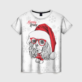 Женская футболка 3D с принтом Happy Christmas кокер спаниель в Тюмени, 100% полиэфир ( синтетическое хлопкоподобное полотно) | прямой крой, круглый вырез горловины, длина до линии бедер | american | cap | christmas | cocker spaniel | happy christmas | knitted scarf | new year | purebred dog | red | santa claus | snowflakes | американский | вязаный шарф | кокер спаниель | колпак | красные | новый год | очки | породистая собака | р
