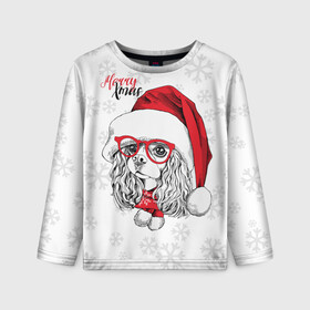 Детский лонгслив 3D с принтом Happy Christmas кокер спаниель в Тюмени, 100% полиэстер | длинные рукава, круглый вырез горловины, полуприлегающий силуэт
 | american | cap | christmas | cocker spaniel | happy christmas | knitted scarf | new year | purebred dog | red | santa claus | snowflakes | американский | вязаный шарф | кокер спаниель | колпак | красные | новый год | очки | породистая собака | р