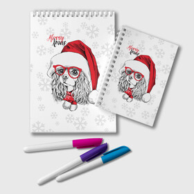 Блокнот с принтом Happy Christmas кокер спаниель в Тюмени, 100% бумага | 48 листов, плотность листов — 60 г/м2, плотность картонной обложки — 250 г/м2. Листы скреплены удобной пружинной спиралью. Цвет линий — светло-серый
 | american | cap | christmas | cocker spaniel | happy christmas | knitted scarf | new year | purebred dog | red | santa claus | snowflakes | американский | вязаный шарф | кокер спаниель | колпак | красные | новый год | очки | породистая собака | р