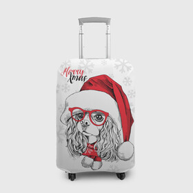 Чехол для чемодана 3D с принтом Happy Christmas кокер спаниель в Тюмени, 86% полиэфир, 14% спандекс | двустороннее нанесение принта, прорези для ручек и колес | american | cap | christmas | cocker spaniel | happy christmas | knitted scarf | new year | purebred dog | red | santa claus | snowflakes | американский | вязаный шарф | кокер спаниель | колпак | красные | новый год | очки | породистая собака | р