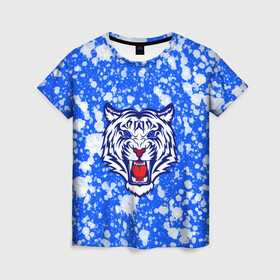 Женская футболка 3D с принтом БЕЛЫЙ ТИГР_2022 в Тюмени, 100% полиэфир ( синтетическое хлопкоподобное полотно) | прямой крой, круглый вырез горловины, длина до линии бедер | 2022 | белый тигр | большие кошки | год тигра | кляксы | новогодний | символ года | тигр | хищник