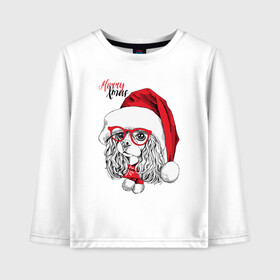 Детский лонгслив хлопок с принтом Happy Christmas американский кокер спаниель в Тюмени, 100% хлопок | круглый вырез горловины, полуприлегающий силуэт, длина до линии бедер | american | cap | christmas | cocker spaniel | happy christmas | knitted scarf | new year | purebred dog | red | santa claus | snowflakes | американский | вязаный шарф | кокер спаниель | колпак | красные | новый год | очки | породистая собака | р
