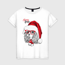 Женская футболка хлопок с принтом Happy Christmas американский кокер спаниель в Тюмени, 100% хлопок | прямой крой, круглый вырез горловины, длина до линии бедер, слегка спущенное плечо | american | cap | christmas | cocker spaniel | happy christmas | knitted scarf | new year | purebred dog | red | santa claus | snowflakes | американский | вязаный шарф | кокер спаниель | колпак | красные | новый год | очки | породистая собака | р