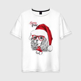 Женская футболка хлопок Oversize с принтом Happy Christmas американский кокер спаниель в Тюмени, 100% хлопок | свободный крой, круглый ворот, спущенный рукав, длина до линии бедер
 | american | cap | christmas | cocker spaniel | happy christmas | knitted scarf | new year | purebred dog | red | santa claus | snowflakes | американский | вязаный шарф | кокер спаниель | колпак | красные | новый год | очки | породистая собака | р