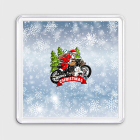 Магнит 55*55 с принтом Санта Байкер Santa on the motorbike в Тюмени, Пластик | Размер: 65*65 мм; Размер печати: 55*55 мм | Тематика изображения на принте: bike | christmas | moto | santa | байк | дед мороз | елка | зима | мотоцикл | новый год | подарок | рождество | санта | снег | снеговик | снежинка