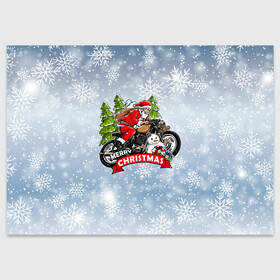 Поздравительная открытка с принтом Санта Байкер Santa on the motorbike в Тюмени, 100% бумага | плотность бумаги 280 г/м2, матовая, на обратной стороне линовка и место для марки
 | bike | christmas | moto | santa | байк | дед мороз | елка | зима | мотоцикл | новый год | подарок | рождество | санта | снег | снеговик | снежинка