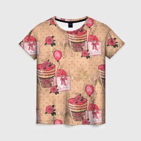 Женская футболка 3D с принтом Праздничное настроение - сюрприз в Тюмени, 100% полиэфир ( синтетическое хлопкоподобное полотно) | прямой крой, круглый вырез горловины, длина до линии бедер | Тематика изображения на принте: день рождения | коробки | новый год | подарки | праздник | сюрприз | шампанское