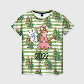 Женская футболка 3D с принтом Милая тигрица с цветком в Тюмени, 100% полиэфир ( синтетическое хлопкоподобное полотно) | прямой крой, круглый вырез горловины, длина до линии бедер | 2022 | год тигра | новый год | новый год 2022 | символ года | тигр | тигренок | тигрица | тигры