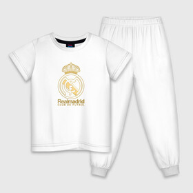 Детская пижама хлопок с принтом Real Madrid gold logo в Тюмени, 100% хлопок |  брюки и футболка прямого кроя, без карманов, на брюках мягкая резинка на поясе и по низу штанин
 | Тематика изображения на принте: gold logo | madrid | rael madrid | real | spain | золотая эмблема | золотой логотип | испания | королевский клуб | ла лига | лига чемпионов | мадрид | реал | реал мадрид | сливочные | футбол | чемпионат испании