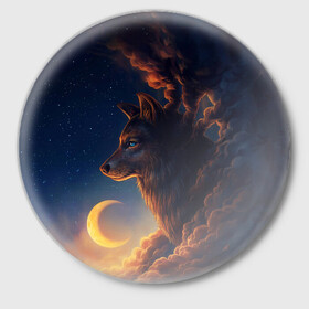 Значок с принтом Ночной Волк Night Wolf в Тюмени,  металл | круглая форма, металлическая застежка в виде булавки | animal | moon | night | sky | stars | wolf | благородный | волк | животные | звезды | зверь | луна | небо | ночной | ночь | облака | тьма | хищник