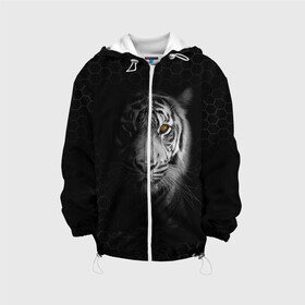 Детская куртка 3D с принтом Тигр черно-белый соты в Тюмени, 100% полиэстер | застежка — молния, подол и капюшон оформлены резинкой с фиксаторами, по бокам — два кармана без застежек, один потайной карман на груди, плотность верхнего слоя — 90 г/м2; плотность флисового подклада — 260 г/м2 | Тематика изображения на принте: tiger | восточный тигр | год тигра | кошка | тигр | тигренок | хищник