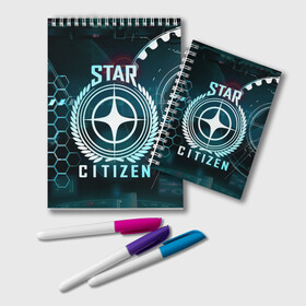 Блокнот с принтом Star Citizen (Стар Ситизен) в Тюмени, 100% бумага | 48 листов, плотность листов — 60 г/м2, плотность картонной обложки — 250 г/м2. Листы скреплены удобной пружинной спиралью. Цвет линий — светло-серый
 | Тематика изображения на принте: squadron 42 | star citizen | галактика | игры | космического симулятора | космос