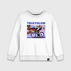Детский свитшот хлопок с принтом Триспорт в Тюмени, 100% хлопок | круглый вырез горловины, эластичные манжеты, пояс и воротник | Тематика изображения на принте: bike | run | swim | triathlon | triatlon | бег | велогонщик | велоспорт | выносливость | картина | краска | плавание | триатлон