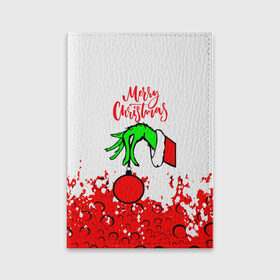 Обложка для паспорта матовая кожа с принтом Merry Christmas Grinch в Тюмени, натуральная матовая кожа | размер 19,3 х 13,7 см; прозрачные пластиковые крепления | 2022 | grinch | happy new year | merry christmas | год тигра | гринч | зима близко | нг | новогодний | новый год | новый год 2022 | рождество | снег | снежинки
