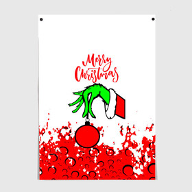Постер с принтом Merry Christmas Grinch в Тюмени, 100% бумага
 | бумага, плотность 150 мг. Матовая, но за счет высокого коэффициента гладкости имеет небольшой блеск и дает на свету блики, но в отличии от глянцевой бумаги не покрыта лаком | 2022 | grinch | happy new year | merry christmas | год тигра | гринч | зима близко | нг | новогодний | новый год | новый год 2022 | рождество | снег | снежинки