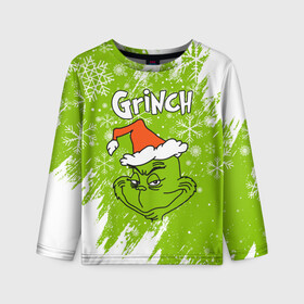 Детский лонгслив 3D с принтом Grinch Green. в Тюмени, 100% полиэстер | длинные рукава, круглый вырез горловины, полуприлегающий силуэт
 | 2022 | grinch | happy new year | merry christmas | год тигра | гринч | зима близко | нг | новогодний | новый год | новый год 2022 | рождество | снег | снежинки