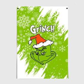 Постер с принтом Grinch Green. в Тюмени, 100% бумага
 | бумага, плотность 150 мг. Матовая, но за счет высокого коэффициента гладкости имеет небольшой блеск и дает на свету блики, но в отличии от глянцевой бумаги не покрыта лаком | 2022 | grinch | happy new year | merry christmas | год тигра | гринч | зима близко | нг | новогодний | новый год | новый год 2022 | рождество | снег | снежинки