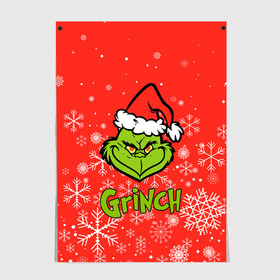 Постер с принтом Grinch Red. в Тюмени, 100% бумага
 | бумага, плотность 150 мг. Матовая, но за счет высокого коэффициента гладкости имеет небольшой блеск и дает на свету блики, но в отличии от глянцевой бумаги не покрыта лаком | 2022 | grinch | happy new year | merry christmas | год тигра | гринч | зима близко | нг | новогодний | новый год | новый год 2022 | рождество | снег | снежинки