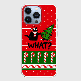 Чехол для iPhone 13 Pro с принтом WHAT | КОТИК | CAT в Тюмени,  |  | Тематика изображения на принте: 2020 | 2021 | 2022 | christmas | merry | what | елка | кот | леденец | нг | новогодний | новый год | паттерн | рождество | свитер | снежинки | узор | узоры | шишки