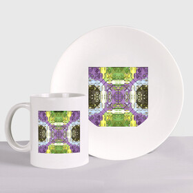Набор: тарелка + кружка с принтом Коллекция Фрактальная мозаика. Фиолетово-зеленый. Квадрат. в Тюмени, керамика | Кружка: объем — 330 мл, диаметр — 80 мм. Принт наносится на бока кружки, можно сделать два разных изображения. 
Тарелка: диаметр - 210 мм, диаметр для нанесения принта - 120 мм. | abstraction | fractal | green | mosaic | pattern | purple | yellow | абстракция | желтый | зеленый | мозайка | на витрину | узор | фиолетовый | фрактал