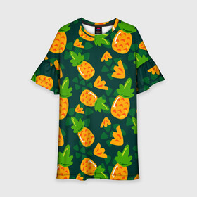 Детское платье 3D с принтом Ананасы Много ананасов в Тюмени, 100% полиэстер | прямой силуэт, чуть расширенный к низу. Круглая горловина, на рукавах — воланы | Тематика изображения на принте: ананас | ананасовый | ананасы | сладость | фрукт