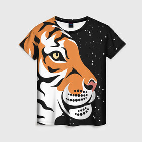 Женская футболка 3D с принтом Новогодний тигр символ года в Тюмени, 100% полиэфир ( синтетическое хлопкоподобное полотно) | прямой крой, круглый вырез горловины, длина до линии бедер | 2022 | amur tiger | beast | fangs | happy new year | merry christmas | new year | predator | snow | stars | stern grin | stern look | winter | year of the tiger | амурский тигр | год тигра | зверь | зима | клыки | новый год | снег | суровый взгл