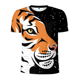 Мужская футболка 3D спортивная с принтом Новогодний тигр символ года в Тюмени, 100% полиэстер с улучшенными характеристиками | приталенный силуэт, круглая горловина, широкие плечи, сужается к линии бедра | 2022 | amur tiger | beast | fangs | happy new year | merry christmas | new year | predator | snow | stars | stern grin | stern look | winter | year of the tiger | амурский тигр | год тигра | зверь | зима | клыки | новый год | снег | суровый взгл