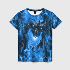 Женская футболка 3D с принтом Дракон в синем пламени Dragon in blue flame в Тюмени, 100% полиэфир ( синтетическое хлопкоподобное полотно) | прямой крой, круглый вырез горловины, длина до линии бедер | dragon | дракон | миф | монстр | огонь | пламя | фэнтези