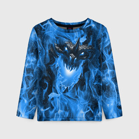 Детский лонгслив 3D с принтом Дракон в синем пламени Dragon in blue flame в Тюмени, 100% полиэстер | длинные рукава, круглый вырез горловины, полуприлегающий силуэт
 | dragon | дракон | миф | монстр | огонь | пламя | фэнтези