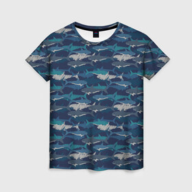 Женская футболка 3D с принтом Хищные Акулы в Тюмени, 100% полиэфир ( синтетическое хлопкоподобное полотно) | прямой крой, круглый вырез горловины, длина до линии бедер | fish | ocean | predator | shark | white shark | акула | белая акула | зубы | море | морской хищник | океан | рыба | хищная рыба | хищник