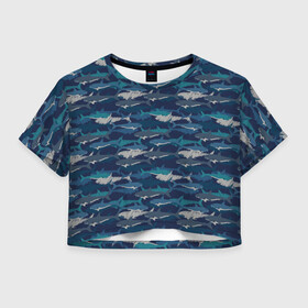Женская футболка Crop-top 3D с принтом Хищные Акулы в Тюмени, 100% полиэстер | круглая горловина, длина футболки до линии талии, рукава с отворотами | fish | ocean | predator | shark | white shark | акула | белая акула | зубы | море | морской хищник | океан | рыба | хищная рыба | хищник