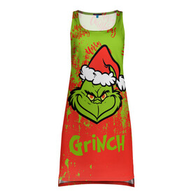 Платье-майка 3D с принтом Grinch Merry Christmas. в Тюмени, 100% полиэстер | полуприлегающий силуэт, широкие бретели, круглый вырез горловины, удлиненный подол сзади. | 2022 | grinch | happy new year | merry christmas | год тигра | гринч | зима близко | нг | новогодний | новый год | новый год 2022 | рождество | снег | снежинки