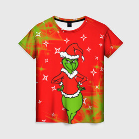 Женская футболка 3D с принтом Новогодний Grinch на танцполе. в Тюмени, 100% полиэфир ( синтетическое хлопкоподобное полотно) | прямой крой, круглый вырез горловины, длина до линии бедер | 2022 | grinch | happy new year | merry christmas | год тигра | гринч | зима близко | нг | новогодний | новый год | новый год 2022 | рождество | снег | снежинки