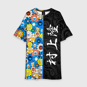 Детское платье 3D с принтом Такаси Мураками Иероглифами в Тюмени, 100% полиэстер | прямой силуэт, чуть расширенный к низу. Круглая горловина, на рукавах — воланы | Тематика изображения на принте: japan | smile | takashi murakami | арт | восточный узор | иероглифы | искусство | красочный | разноцветные цветы | ромашки | смайл | такаси мураками | такаши мураками | узор | улыбки | цветочки | цветочный узор