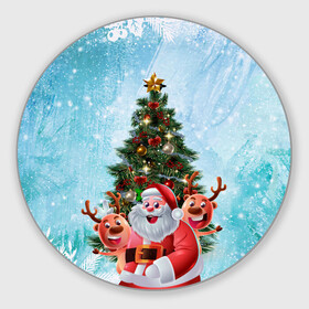 Круглый коврик для мышки с принтом Санта и олени в Тюмени, резина и полиэстер | круглая форма, изображение наносится на всю лицевую часть | new year | арт | графика | дед мороз | елка | зима | новый год | олени | рождество | санта