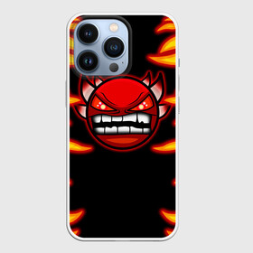 Чехол для iPhone 13 Pro с принтом Geometry Dash Smiley demon в Тюмени,  |  | Тематика изображения на принте: angry | crazy | demon | devil | evil | fire | geometry dash | icons | robtop | smile | геомерия даш | геометри деш | геометри дэш | геометрия дэш | демон | злой смайл | игра геометрия дэш | иконки | огненный | огонь | пламя | платформер