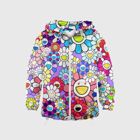Детская ветровка 3D с принтом Цветы Takashi Murakami в Тюмени, 100% полиэстер | подол и капюшон оформлены резинкой с фиксаторами, по бокам два кармана без застежек, один потайной карман на груди | flowers | pop art | superflat | takashi murakami | арт | глаза | дизайн | исскуство | разноцветные цветы | супефлэт | такаси мураками | такаши мураками | художник | цветы