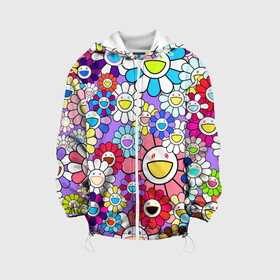 Детская куртка 3D с принтом Цветы Takashi Murakami в Тюмени, 100% полиэстер | застежка — молния, подол и капюшон оформлены резинкой с фиксаторами, по бокам — два кармана без застежек, один потайной карман на груди, плотность верхнего слоя — 90 г/м2; плотность флисового подклада — 260 г/м2 | flowers | pop art | superflat | takashi murakami | арт | глаза | дизайн | исскуство | разноцветные цветы | супефлэт | такаси мураками | такаши мураками | художник | цветы