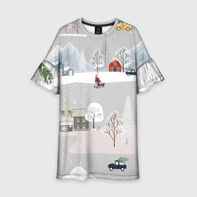Детское платье 3D с принтом Нoвoгодние Праздники продолжаются 2022 в Тюмени, 100% полиэстер | прямой силуэт, чуть расширенный к низу. Круглая горловина, на рукавах — воланы | 2022 | год | дома | елки | зима | каникулы | новый | праздник | радость | рождество | санки | снег | снеговик | снежки