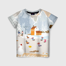 Детская футболка 3D с принтом Зимние Забавы 2022 в Тюмени, 100% гипоаллергенный полиэфир | прямой крой, круглый вырез горловины, длина до линии бедер, чуть спущенное плечо, ткань немного тянется | Тематика изображения на принте: 2022 | год | дед | дети | зима | коньки | мороз. | новый | праздники | радость | рождество | санки | санта | снег | счастливого