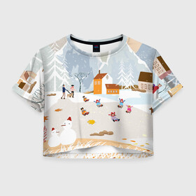 Женская футболка Crop-top 3D с принтом Зимние Забавы 2022 в Тюмени, 100% полиэстер | круглая горловина, длина футболки до линии талии, рукава с отворотами | 2022 | год | дед | дети | зима | коньки | мороз. | новый | праздники | радость | рождество | санки | санта | снег | счастливого