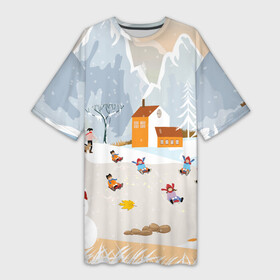 Платье-футболка 3D с принтом Зимние Забавы 2022 в Тюмени,  |  | 2022 | год | дед | дети | зима | коньки | мороз. | новый | праздники | радость | рождество | санки | санта | снег | счастливого